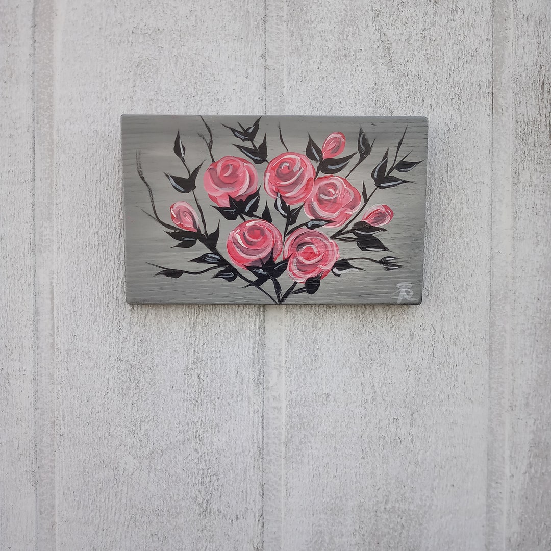 Pink Roses Flower Painting Cottage Chic Home Decor Primitive Folk Art ...