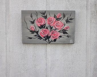 Pink Roses Flower Painting Cottage Chic Home Decor Primitive Folk Art Rose Wall Art Whimsical Flowers on Wood Rose Roses Bouquet