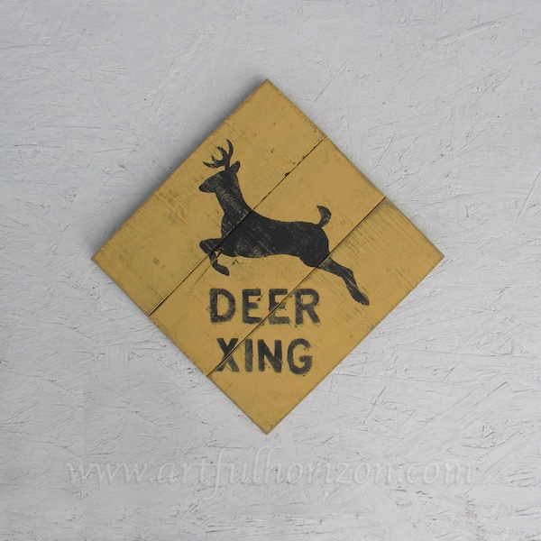 Deer Crossing Xing Road Sign Rustic Decor Vintage Yellow Custom Primitive Folk Art Reclaimed Wood Hunting Lodge Man Cave