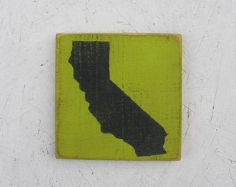 California Wood Sign State Shape Rustic Decor Primitive Folk Art Reclaimed Wood Customize State and Color Painting Lime Green
