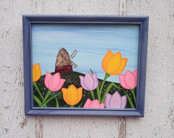 Tulip Flower Painting Windmill Landscap Country Farmhouse Decor Primitive Folk Art Original Tulips Farmed Artwork