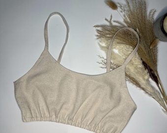 Top corto in lino, canotta estiva boho, abbigliamento casual naturale, reggiseno con spalline sottili