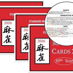 May include: A stack of red and white Mahjong Cards 2026. The cards have Chinese characters and the text "89th Year". A circular inset shows a list of numbers and text.