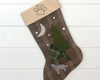 Personalized Christmas Stocking, Rustic Christmas Stocking, Cabin Stocking, Dog Stocking, Woodland Christmas Stocking, Paw Print Stocking