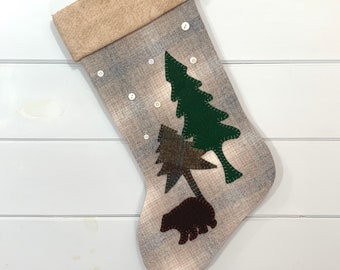 Personalized Christmas Stocking, Rustic Stocking, Cabin Christmas Stocking, Rustic Christmas Stocking, Bear Stocking, Woodland Bear Stocking