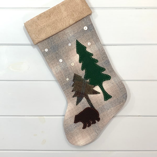Personalized Christmas Stocking, Rustic Stocking, Cabin Christmas Stocking, Rustic Christmas Stocking, Bear Stocking, Woodland Bear Stocking