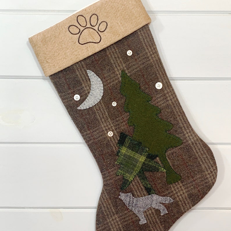 Personalized Christmas Stocking, Rustic Christmas Stocking, Cabin Stocking, Dog Stocking, Woodland Christmas Stocking, Paw Print Stocking image 2