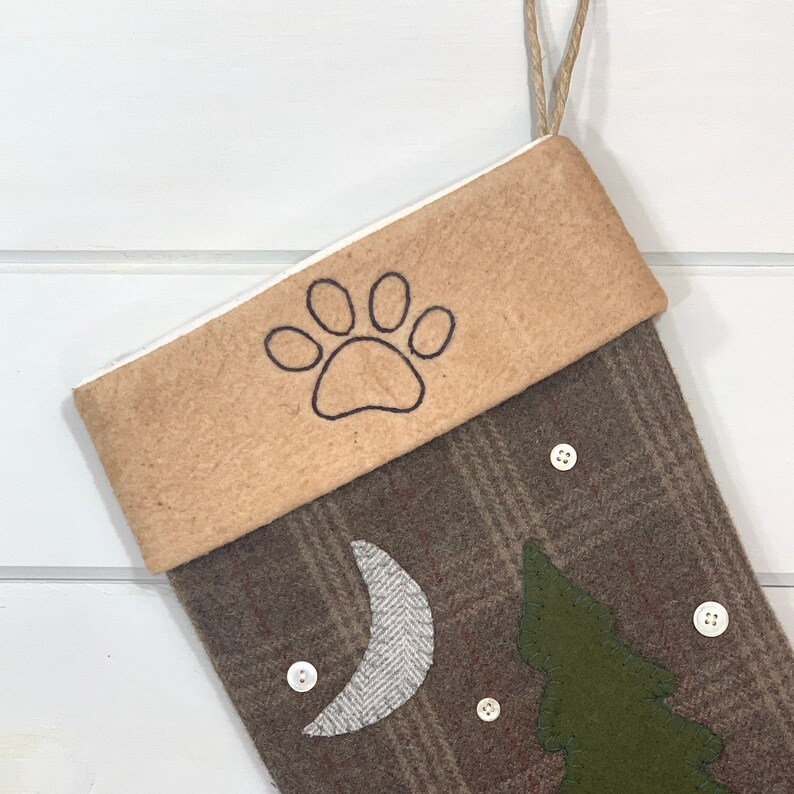 Personalized Christmas Stocking, Rustic Christmas Stocking, Cabin Stocking, Dog Stocking, Woodland Christmas Stocking, Paw Print Stocking image 3