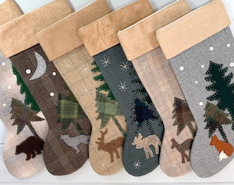 Personalized Christmas Stockings, Rustic Christmas Stocking, Family Stockings, Woodland Christmas, Bear, Wolf, Elk,Moose, Deer, Fox Stocking