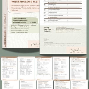 Puede incluir: Materiales educativos para el aprendizaje del francés, que incluyen un libro de texto titulado "BASICS FRANZÖSISCH WIEDERHOLEN & FESTI" y varias hojas de trabajo. El esquema de color es principalmente blanco y beige.