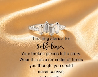Anello Broken Pieces Self Love, fascia impilabile in argento sterling con zirconi a baguette, gioiello motivazionale e curativo, regalo per lei, regalo motivazionale