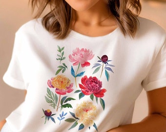 Peony Flowers T-Shirt Woman Botanical Watercolor Shirt Peonies Floral Nature Clothing Garden Lover Tee Cottagecore Cotton Fashion Girly Top