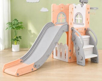 6-in-1 Toddler Indoor Slide & Climber Playset with Basketball Hoop