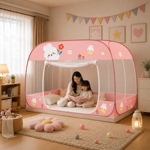 May include: A pink pop-up bed tent featuring white mesh sides and a cartoon rabbit print. The tent has a rectangular frame with rounded corners, a roll-up front opening, and a solid pink base panel decorated with small white bunnies and red flowers.