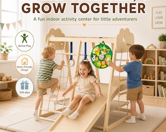 Kids Indoor Playground | Wooden 8-in-1 Jungle Gym with Slide, Rings & Rope Ladder