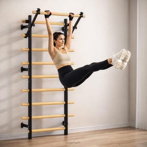 May include: A wooden and black metal wall-mounted Swedish ladder with a pull-up bar. The ladder has multiple wooden rungs and is mounted on a white wall. A person is using the pull-up bar for exercise.