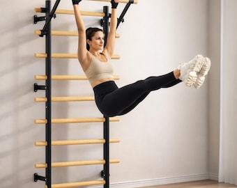 Wooden Swedish Ladder Stall Bars | Wall Mounted Gym with Pull-up Bar and Dip Bar