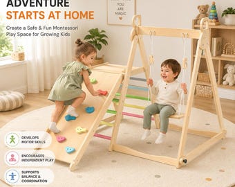 4-in-1 Wooden Indoor Playset with Slide, Swing, Ladder, Rock Wall Foldable Toddler Gym