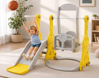 Indoor Outdoor 4-in-1 Slide and Swing Playset with Climber, Basketball Hoop & Toddler Playground