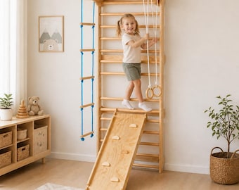 Wooden Climbing Gym for Kids | Swedish Wall Ladder, Rope, Rings, Slide Playground