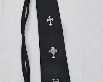 Luxury Avant-Garde Black Necktie with Gothic Silver Cross Hardware | Luxury Menswear Statement Tie