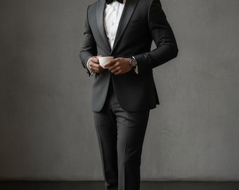 Traje de etiqueta negro para hombre, cuello chal de satén, corte ajustado. Traje formal de boda.