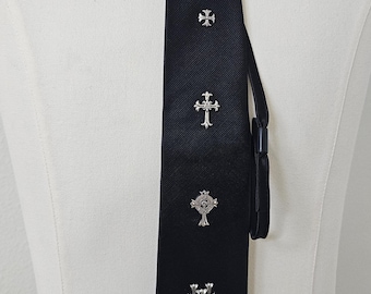 Luxury Avant-Garde Black Necktie with Gothic Silver Cross Hardware | Luxury Menswear Statement Tie
