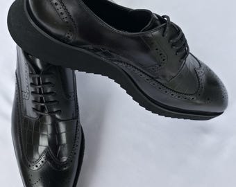 Richelieus pour hommes texturés en crocodile noir, chaussures derby en cuir véritable, chaussures habillées fabriquées à la main avec semelle compensée, richelieus haut de gamme