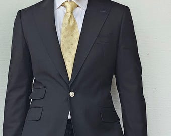 Men's Navy Slim Fit Textured Wool-Blend Suit – Two-Piece Formal Business Wear