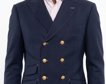 Blazer cruzado azul marino – Botones con escudo dorado, chaqueta deportiva de corte ajustado