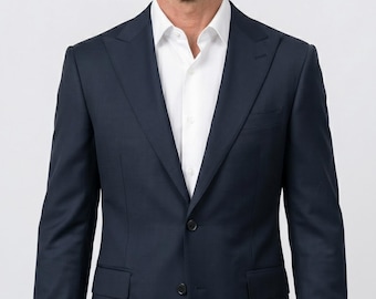 Traje de hombre azul marino de corte ajustado en mezcla de lana texturizada – Traje formal de dos piezas para negocios