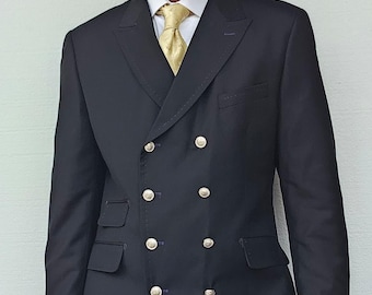 Traje cruzado de lujo para hombre – Traje de dos piezas negro de primera calidad confeccionado a medida.