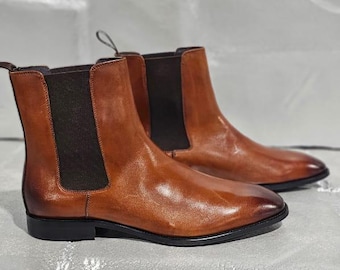 Botines Chelsea de piel color coñac hechos a mano – Calzado masculino de piel de becerro color tostado bruñido