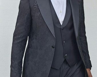 Esmoquin de tres piezas para hombre en jacquard negro con estampado floral • Chaqueta de cena de lujo para hombre • Traje formal de boda