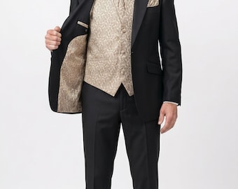 Conjunto de chaleco, corbata y pañuelo de bolsillo de brocado dorado para hombre, traje formal de novio para boda.