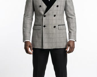 Esmoquin cruzado para hombre • Estampado pata de gallo blanco y negro, solapa de pico de satén