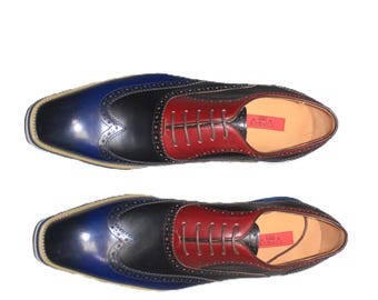 Zapatos Oxford de cuero tricolor para hombre / Azul marino, negro, caoba con puntera de ala.
