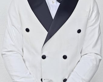 Men's Double Breasted Tuxedo • Black White Virgin Wool Tux, Satin Peak Lapel