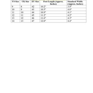 以下が含まれることがあります： 「UNOUDO SHOE SIZE CHART」と書かれた靴のサイズ表。US、UK、EUのサイズと、足の長さ（インチ）、標準的な幅（インチ）が表示されています。USサイズ9から14まで。