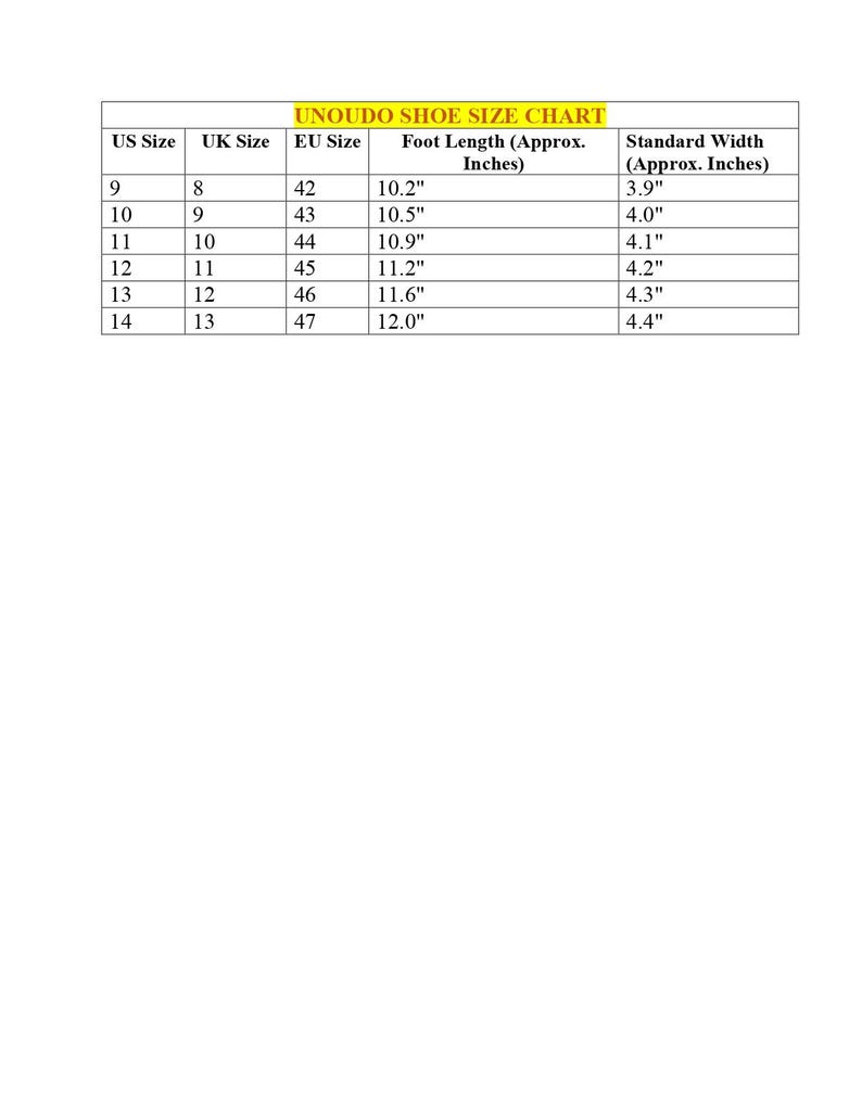 以下が含まれることがあります： 「UNOUDO SHOE SIZE CHART」と書かれた靴のサイズ表。US、UK、EUのサイズと、足の長さ（インチ）、標準的な幅（インチ）が表示されています。USサイズ9から14まで。