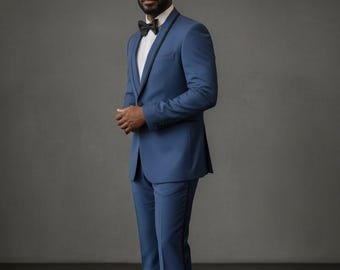 Men's Blue Tuxedo, Satin Shawl Collar, Slim Fit Formal Wedding Suit