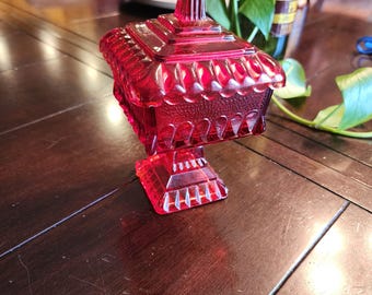 Vintage red glass candy dish with lid