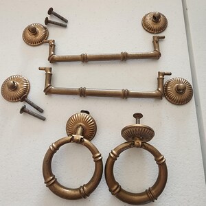 Heavy Brass MCM Bamboo Dresser Handles and Ring Pulls with Sunburst Rosette