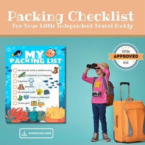 Puede incluir: Una lista de verificación de embalaje turquesa titulada "Packing Checklist" con el texto "For Your Little Independent Travel Buddy". La lista incluye artículos como pijamas, zapatillas y equipo de buceo. Un niño con binoculares y una maleta también está en la imagen.