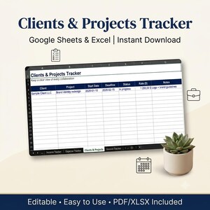 Peut inclure: Un modèle de feuille de calcul numérique Clients & Projects Tracker pour Google Sheets et Excel. L'interface affiche des colonnes pour le client, le projet, la date de début, l'échéance, le statut, le tarif et des notes, avec des onglets de suivi.