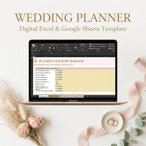 Peut inclure: Un écran d'ordinateur affichant un modèle numérique de planificateur de mariage pour Excel et Google Sheets. L'interface présente des champs pour les informations de mariage, incluant date, lieu, invités et budget, avec le texte WEDDING PLANNER.