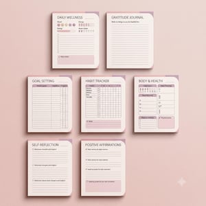 Peut inclure: Un ensemble de sept pages de planificateur rose clair et violet comprenant Daily Wellness, Gratitude Journal, Goal Setting, Habit Tracker, Body & Health, Self-Reflection et Positive Affirmations avec diverses cases à cocher, lignes et grilles.