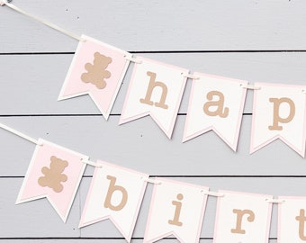 Happy Birthday Banner - Teddy Bear Birthday - 1st Birthday Banner -Pink and Kraft - Customize your colors!