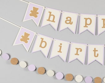 Happy Birthday Banner - Teddy Bear Birthday - 1st Birthday Banner - Lavender and Kraft - Customize your colors!