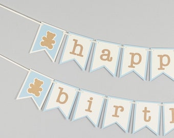 Happy Birthday Banner - Teddy Bear Birthday - 1st Birthday Banner - Baby Boy First Birthday - Customize your colors!